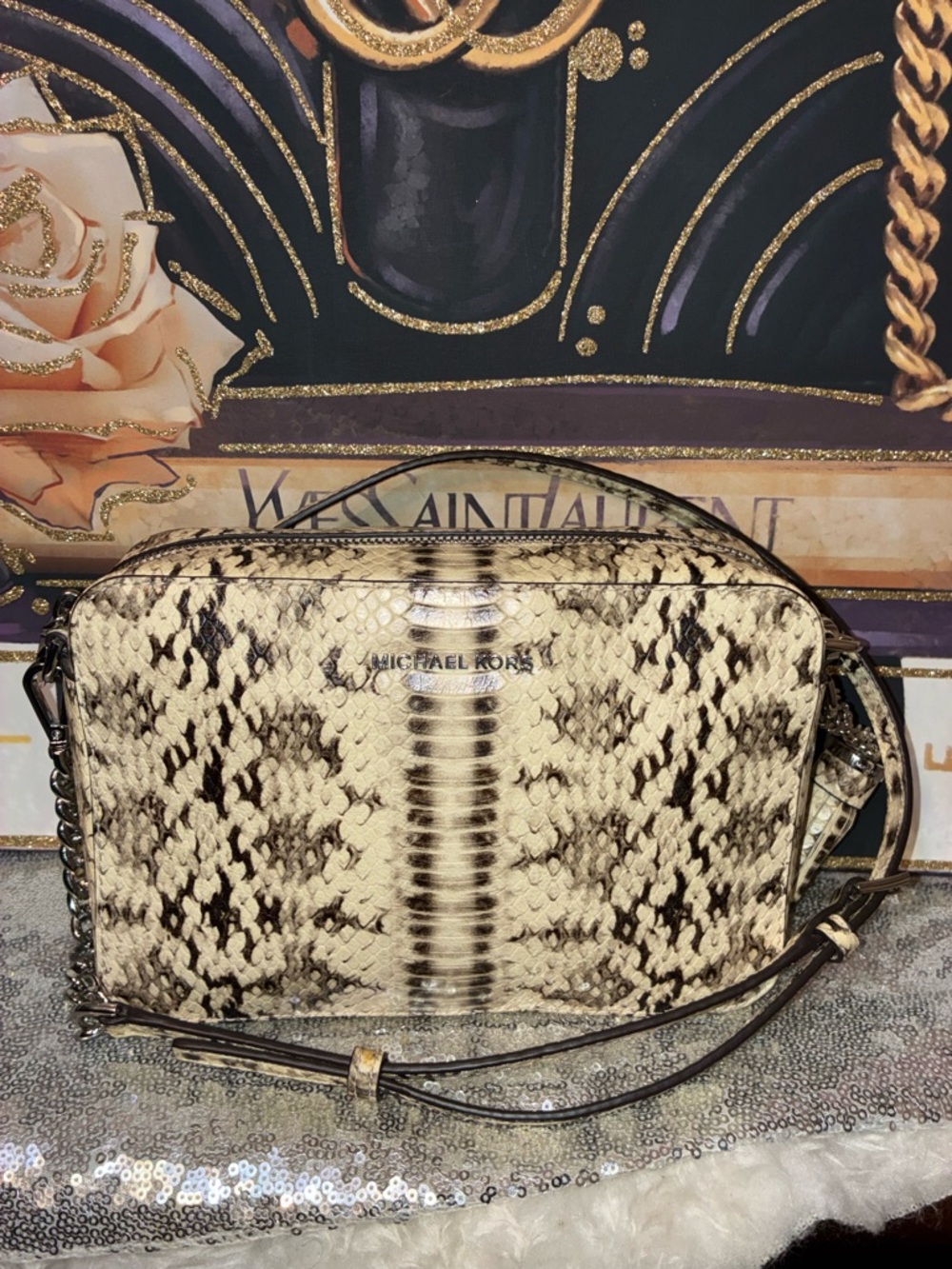 Michael Kors Beige and Brown Snake-Print Crossbody Bag